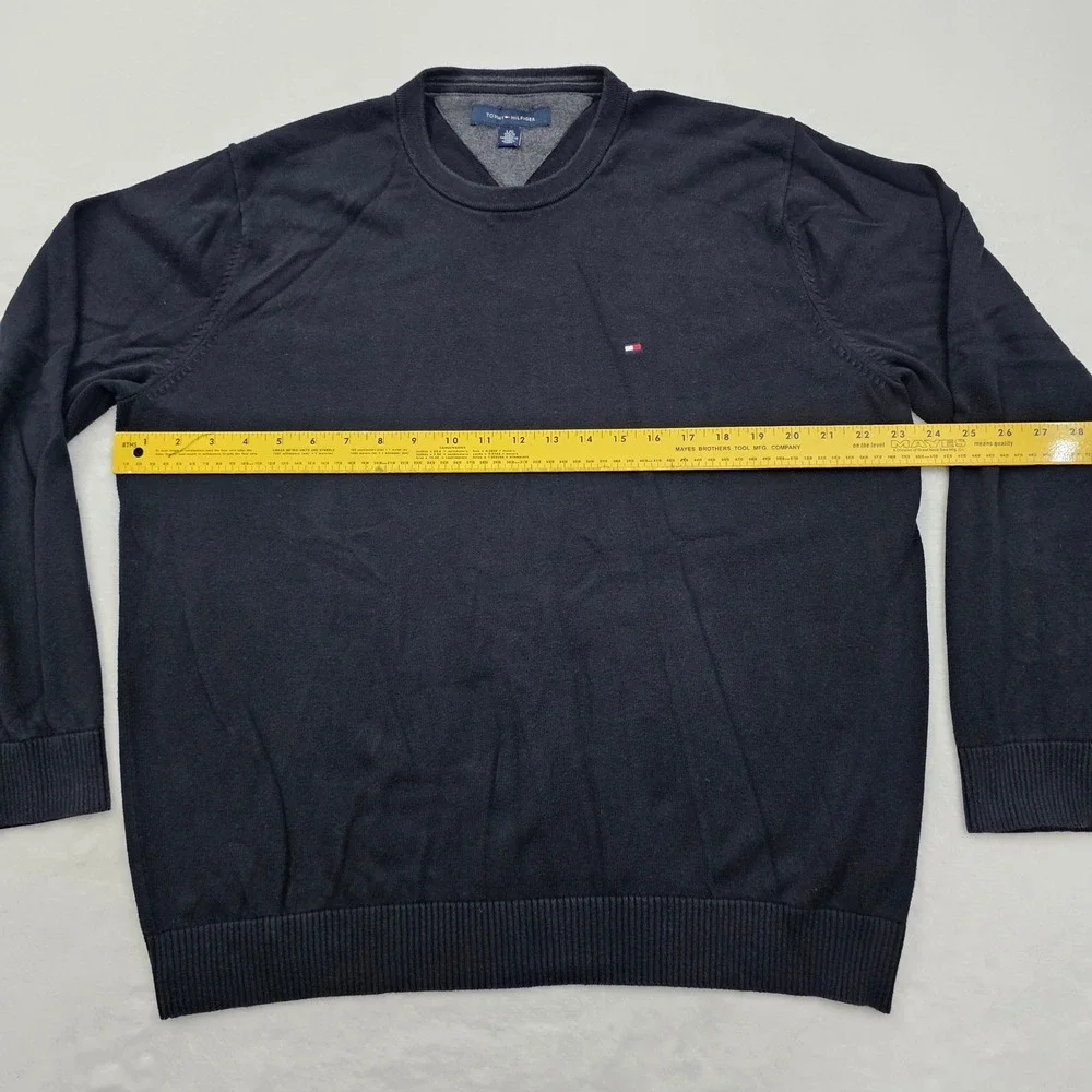 Tommy Hilfiger Sweater Mens Large Black Crewneck Logo Pullover Preppy Minimalist